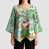 Hawaii Mele Kalikimaka Kimono Sleeve Blouse Hula Santa Retro Style Green - Polynesian Pride