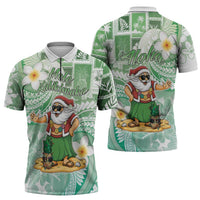 Hawaii Mele Kalikimaka Zipper Polo Shirt Hula Santa Retro Style Green LT05 - Polynesian Pride