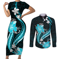 Aqua Polynesian Pattern With Tropical Flowers Couples Matching Short Sleeve Bodycon Dress and Long Sleeve Button Shirt LT05 Aqua - Polynesian Pride