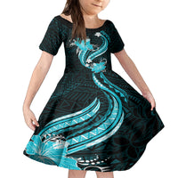 Aqua Polynesian Pattern With Tropical Flowers Family Matching Summer Maxi Dress and Hawaiian Shirt LT05 Daughter's Dress Aqua - Polynesian Pride
