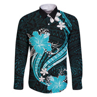 Aqua Polynesian Pattern With Tropical Flowers Family Matching Summer Maxi Dress and Hawaiian Shirt LT05 Dad's Shirt - Long Sleeve Aqua - Polynesian Pride