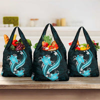 Aqua Polynesian Pattern With Tropical Flowers Grocery Bag