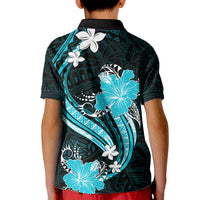 Aqua Polynesian Pattern With Tropical Flowers Kid Polo Shirt LT05 - Polynesian Pride