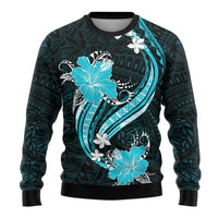Aqua Polynesian Pattern With Tropical Flowers Ugly Christmas Sweater LT05 - Polynesian Pride