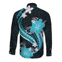 Aqua Polynesian Pattern With Tropical Flowers Long Sleeve Button Shirt LT05 - Polynesian Pride