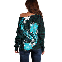 Aqua Polynesian Pattern With Tropical Flowers Off Shoulder Sweater LT05 - Polynesian Pride