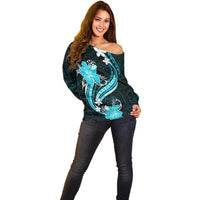 Aqua Polynesian Pattern With Tropical Flowers Off Shoulder Sweater LT05 - Polynesian Pride