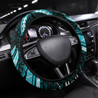 Aqua Polynesian Pattern With Tropical Flowers Steering Wheel Cover LT05 Universal Fit Aqua - Polynesian Pride