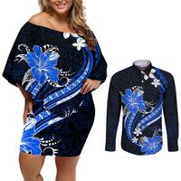 Blue Polynesian Pattern With Tropical Flowers Couples Matching Off Shoulder Short Dress and Long Sleeve Button Shirt LT05 Blue - Polynesian Pride