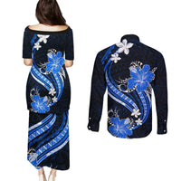 Blue Polynesian Pattern With Tropical Flowers Couples Matching Puletasi Dress and Long Sleeve Button Shirt LT05 - Polynesian Pride