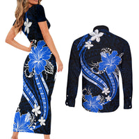 Blue Polynesian Pattern With Tropical Flowers Couples Matching Short Sleeve Bodycon Dress and Long Sleeve Button Shirt LT05 - Polynesian Pride