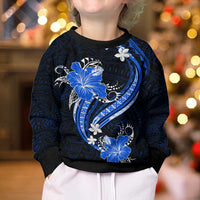 Blue Polynesian Pattern With Tropical Flowers Kid Ugly Christmas Sweater