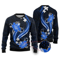 Blue Polynesian Pattern With Tropical Flowers Ugly Christmas Sweater LT05 Blue - Polynesian Pride