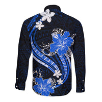 Blue Polynesian Pattern With Tropical Flowers Long Sleeve Button Shirt LT05 - Polynesian Pride