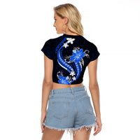 Blue Polynesian Pattern With Tropical Flowers Raglan Cropped T Shirt LT05 - Polynesian Pride