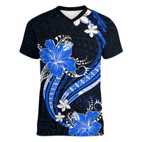 Blue Polynesian Pattern With Tropical Flowers Women V Neck T Shirt LT05 Female Blue - Polynesian Pride