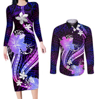 Galaxy Polynesian Pattern With Tropical Flowers Couples Matching Long Sleeve Bodycon Dress and Long Sleeve Button Shirt LT05 Galaxy - Polynesian Pride