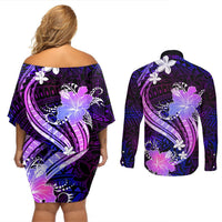 Galaxy Polynesian Pattern With Tropical Flowers Couples Matching Off Shoulder Short Dress and Long Sleeve Button Shirt LT05 - Polynesian Pride