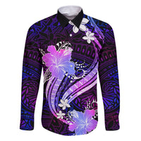 Galaxy Polynesian Pattern With Tropical Flowers Family Matching Off Shoulder Long Sleeve Dress and Hawaiian Shirt LT05 Dad's Shirt - Long Sleeve Galaxy - Polynesian Pride