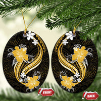 Gold Polynesian Pattern With Tropical Flowers Ceramic Ornament LT05 Oval Gold - Polynesian Pride