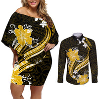 Gold Polynesian Pattern With Tropical Flowers Couples Matching Off Shoulder Short Dress and Long Sleeve Button Shirt LT05 Gold - Polynesian Pride