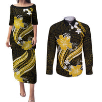 Gold Polynesian Pattern With Tropical Flowers Couples Matching Puletasi Dress and Long Sleeve Button Shirt LT05 Gold - Polynesian Pride