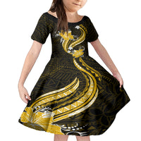 Gold Polynesian Pattern With Tropical Flowers Family Matching Long Sleeve Bodycon Dress and Hawaiian Shirt LT05 Daughter's Dress Gold - Polynesian Pride