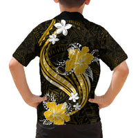 Gold Polynesian Pattern With Tropical Flowers Family Matching Off Shoulder Short Dress and Hawaiian Shirt LT05 - Polynesian Pride