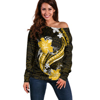Gold Polynesian Pattern With Tropical Flowers Off Shoulder Sweater LT05 Women Gold - Polynesian Pride