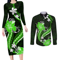 Green Polynesian Pattern With Tropical Flowers Couples Matching Long Sleeve Bodycon Dress and Long Sleeve Button Shirt LT05 Green - Polynesian Pride