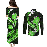 Green Polynesian Pattern With Tropical Flowers Couples Matching Puletasi Dress and Long Sleeve Button Shirt LT05 - Polynesian Pride