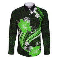 Green Polynesian Pattern With Tropical Flowers Family Matching Tank Maxi Dress and Hawaiian Shirt LT05 Dad's Shirt - Long Sleeve Green - Polynesian Pride