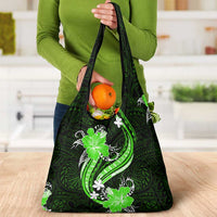 Green Polynesian Pattern With Tropical Flowers Grocery Bag