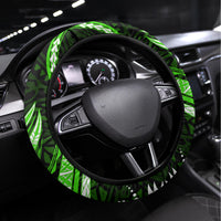 Green Polynesian Pattern With Tropical Flowers Steering Wheel Cover LT05 Universal Fit Green - Polynesian Pride