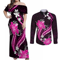 Pink Polynesian Pattern With Tropical Flowers Couples Matching Off Shoulder Maxi Dress and Long Sleeve Button Shirt LT05 Pink - Polynesian Pride