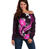 Pink Polynesian Pattern With Tropical Flowers Off Shoulder Sweater LT05 Women Pink - Polynesian Pride