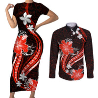 Red Polynesian Pattern With Tropical Flowers Couples Matching Short Sleeve Bodycon Dress and Long Sleeve Button Shirt LT05 Red - Polynesian Pride