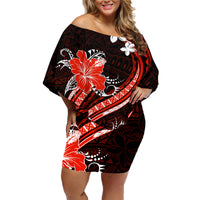 Red Polynesian Pattern With Tropical Flowers Family Matching Off Shoulder Short Dress and Hawaiian Shirt LT05 Mom's Dress Red - Polynesian Pride