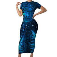 New Zealand Matariki Family Matching Short Sleeve Bodycon Dress and Hawaiian Shirt Maori New Year LT05 Mom's Dress Blue - Polynesian Pride