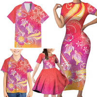 Polynesia Sea Turtle Couple Family Matching Short Sleeve Bodycon Dress and Hawaiian Shirt One Soul One Love