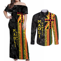 Hawaii Maoli Spirit Couples Matching Off Shoulder Maxi Dress and Long Sleeve Button Shirt Kakau Pattern With Flower Lei - Polynesian Pride