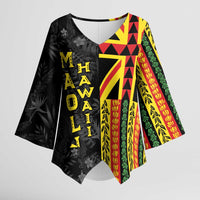 Hawaii Maoli Spirit Kimono Sleeve Blouse Kakau Pattern With Flower Lei LT05 Female Black - Polynesian Pride
