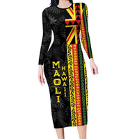 Hawaii Maoli Spirit Long Sleeve Bodycon Dress Kakau Pattern With Flower Lei - Polynesian Pride