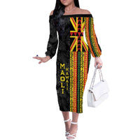 Hawaii Maoli Spirit Off The Shoulder Long Sleeve Dress Kakau Pattern With Flower Lei - Polynesian Pride