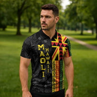 Hawaii Maoli Spirit Zipper Polo Shirt Kakau Pattern With Flower Lei - Polynesian Pride