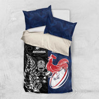 France And New Zealand Rugby Bedding Set Les Bleus Rooster With Maori Tiki - Polynesian Pride