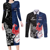 France And New Zealand Rugby Custom Couples Matching Long Sleeve Bodycon Dress and Long Sleeve Button Shirt Les Bleus Rooster With Maori Tiki - Polynesian Pride