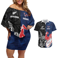 France And New Zealand Rugby Custom Couples Matching Off Shoulder Short Dress and Hawaiian Shirt Les Bleus Rooster With Maori Tiki - Polynesian Pride
