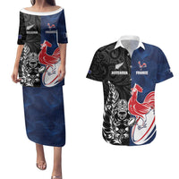 France And New Zealand Rugby Custom Couples Matching Puletasi and Hawaiian Shirt Les Bleus Rooster With Maori Tiki - Polynesian Pride
