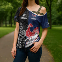 France And New Zealand Rugby Custom Cross Shoulder Shirt Les Bleus Rooster With Maori Tiki - Polynesian Pride